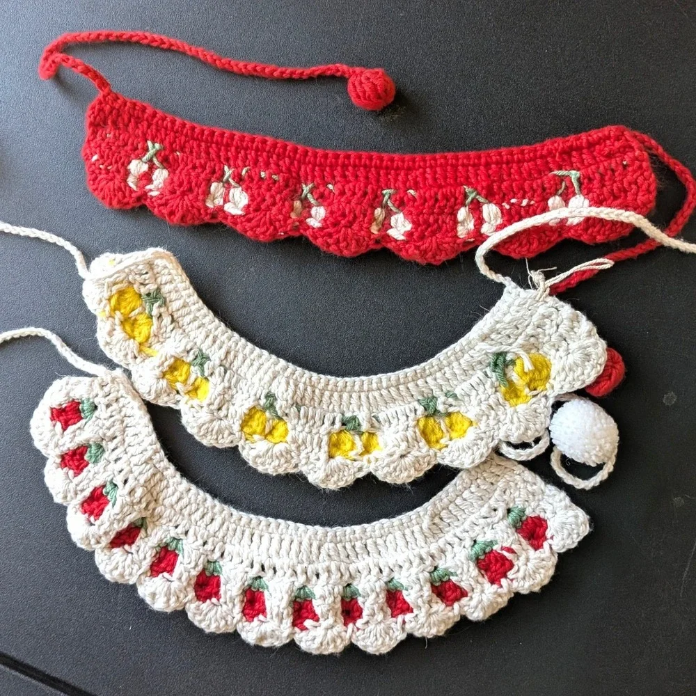 Hand Crocheted Fruit Collar Set Cherry Lemon Strawberry Costume Pet Doll 3 Pc
